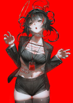 1girl @_@ absurdres ahoge black_hair black_jacket black_shorts black_thighhighs blood blood_bag breasts brown_hair cleavage cowboy_shot crossed_bangs demon_horns earrings extra_mouth fingernails ganet_p green_nails hair_between_eyes heart highres holding holding_string horns id_card jacket jewelry large_breasts long_fingernails long_hair looking_at_viewer mark_under_eye midriff multicolored_hair navel open_mouth original red_background red_horns red_streaks sharp_teeth short_shorts shorts shoulder_boards shoulder_spikes side_halo simple_background single_horn solo spikes standing stomach_mouth streaked_hair string striped_clothes striped_jacket sweatdrop teardrop_earrings teeth thighhighs vertical-striped_clothes vertical-striped_jacket