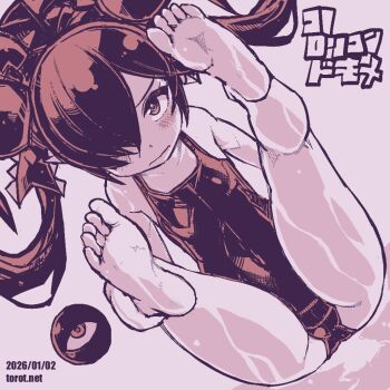 1girl :| backbeako_(torotei) backbeard barefoot blush closed_mouth commentary dated dated_commentary dutch_angle feet feet_up flat_chest gegege_no_kitarou hair_over_one_eye hair_ribbon kono_lolicon_domome loli long_hair looking_at_viewer monochrome one-piece_swimsuit original paid_reward_available pink_background pink_theme pointy_ears ribbon simple_background sitting soles solo swimsuit toes torotei translated twintails watermark web_address wet