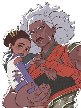 2girls aged_down alternate_costume ambessa_(league_of_legends) arcane:_league_of_legends armor artist_name artist_request bad_source brown_hair carrying carrying_person child closed_mouth dark-skinned_female dark_skin detached_sleeves ear_piercing green_eyes grey_hair hair_ornament hair_up head_tilt highres holding_another's_finger league_of_legends long_sleeves looking_at_viewer looking_down looking_to_the_side mel_(league_of_legends) mother_and_daughter multicolored_hair multiple_girls muscular muscular_female orange_eyes parted_lips piercing red_lips scar scar_on_face shade simple_background sleeveless standing upper_body very_dark_skin watermark white_background xiaohongshu_id xiaohongshu_watermark