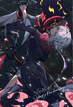 Rule 34 | 1girl, 1other, black dress, black pants, blue eyes, bow, bowtie, clock, closed mouth, commentary, dante (limbus company), dated, dress, english commentary, english text, faust (project moon), fire, flaming head, flower, highres, jewelry, lapels, limbus company, medium hair, necklace, object head, other with female, pale skin, pants, project moon, red shirt, rmenssari, shirt, tailcoat, vest, waistcoat, white hair