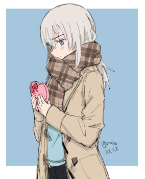 Rule 34 | 1girl, alternate costume, blue eyes, blush, box, box of chocolates, candy, chocolate, chocolate heart, commentary request, food, girls und panzer, grey hair, happy valentine, heart, heart-shaped food, itsumi erika, mutsu (layergreen), valentine