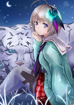 1girl 1other absurdres ahoge animal black_flower blue_eyes byakko_(heaven_burns_red) cardigan crescent_moon eririntrap flower grass hair_flower hair_ornament hairband head_rest heaven_burns_red highres holster long_sleeves looking_at_viewer minase_sumomo moon neckerchief night night_sky on_grass on_ground pantyhose plaid_clothes plaid_skirt purple_eyes red_skirt rose sailor_collar school_uniform serafuku short_hair sitting skirt sky star_(sky) starry_sky tiger white_sailor_collar white_tiger