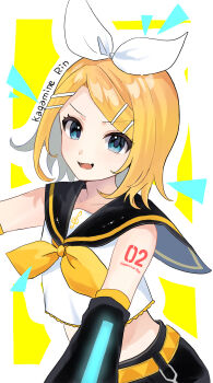 Rule 34 | 1girl, belt, black sailor collar, black shorts, black sleeves, blonde hair, blue eyes, bow, character name, commentary request, crop top, detached sleeves, fang, frilled shirt, frills, fuyu usagi, hair bow, hair ornament, hairclip, highres, kagamine rin, looking at viewer, musical note, neckerchief, number tattoo, open mouth, parallel hairclips, sailor collar, shirt, short hair, shorts, skin fang, sleeveless, sleeveless shirt, solo, tattoo, treble clef, upper body, v-shaped eyebrows, vocaloid, white bow, white shirt, yellow belt