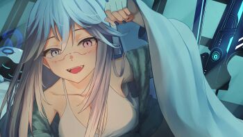 1girl absurdres blue_eyes blue_nails breasts camisole cleavage collarbone facial_mark grey_hair highres indie_virtual_youtuber long_hair mozzu123 open_mouth pink_eyes prot0type7 second-party_source smile solo teeth under_covers upper_teeth_only virtual_youtuber white_camisole