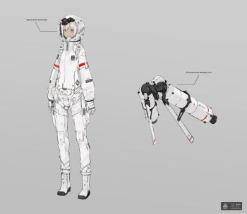 1girl astronaut boots brown_eyes chart closed_mouth english_text female_focus full_body gloves grey_background helmet jetpack looking_at_viewer neco sidelocks simple_background solo space_helmet spacesuit standing white_gloves white_hair