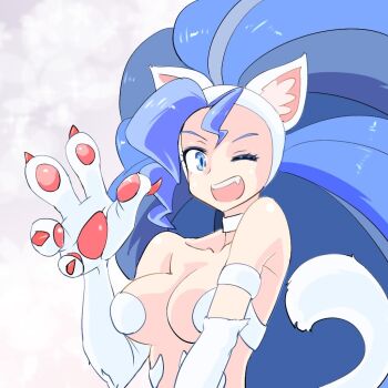 1girl animal_ears animal_hands bare_shoulders blue_eyes blue_hair breasts cat_ears cat_girl cat_tail darkstalkers fang felicia_(darkstalkers) long_hair looking_at_viewer medium_breasts msl2go one_eye_closed tail teeth upper_teeth_only very_long_hair white_fur wink