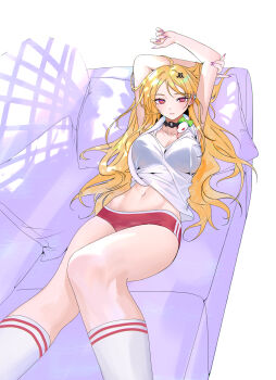 Rule 34 | 1girl, armpits, arms up, bare shoulders, black choker, blonde hair, breasts, buruma, chalky (zenless zone zero), choker, cissia (zenless zone zero), commentary, couch, hair ornament, hairclip, highres, kneehighs, large breasts, long hair, looking at viewer, lying, midriff, nail polish, navel, on back, on couch, red buruma, red eyes, shirt, siun, sleeveless, sleeveless shirt, snake, socks, solo, thighs, white shirt, white socks, zenless zone zero