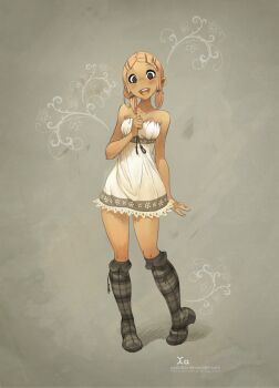 1girl bare_shoulders boots breasts brown_eyes collarbone dark-skinned_female dark_skin dress full_body grey_background hair_ornament hairclip happy highres knee_boots looking_at_viewer medium_breasts medium_hair open_mouth original short_dress sleeveless smile solo teeth twintails upper_teeth_only white_dress xaxaxa