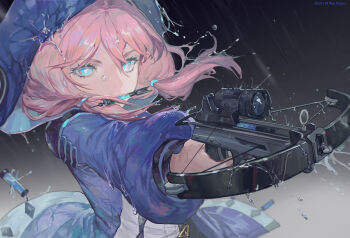 Rule 34 | 1girl, arknights, bingansuan jiamouren, black background, blue eyes, blue jacket, blue poison (arknights), bow (weapon), crossbow, dart, gradient background, holding, holding weapon, hood, hooded jacket, image sample, jacket, long hair, looking at viewer, mihuashi sample, pink hair, rain, short twintails, solo, twintails, upper body, water, weapon