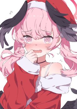 1girl alternate_costume blue_archive commentary_request dress feathered_wings fur-trimmed_dress fur-trimmed_headwear fur_trim hat head_wings highres koharu_(blue_archive) looking_at_viewer low_twintails open_mouth pink_eyes pink_hair santa_costume santa_dress santa_hat solo twintails white_background wings yu_wo