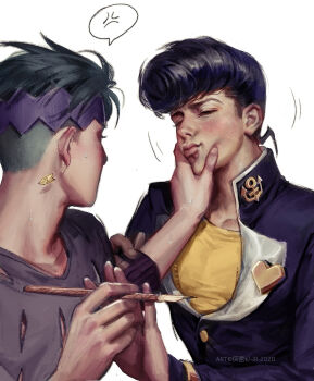 Rule 34 | 2boys, anger vein, black hair, black jacket, closed mouth, commentary request, diamond wa kudakenai, earrings, gakuran, grabbing another's chin, grey shirt, hand on another's chin, higashikata josuke, highres, jacket, jewelry, jojo no kimyou na bouken, kdash, kishibe rohan, male focus, multiple boys, pompadour, school uniform, shirt, short hair, simple background, spoken anger vein, upper body, white background, yaoi, yellow shirt