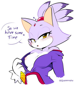 1girl animal_ears artist_name blaze_the_cat blush breasts cat_ears cat_girl commentary english_commentary forehead_jewel furry furry_female highres looking_at_viewer nipples ponytail purple_fur quaverdraws simple_background sonic_(series) two-tone_fur undressing white_background yellow_eyes
