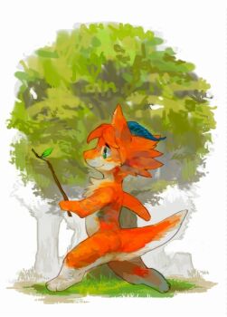 1other body_fur commentary_request full_body furry holding holding_stick horns nagabe orange_fur original outdoors running solo stick tail tree