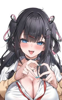 Rule 34 | 1girl, absurdres, black choker, black hair, blue eyes, blue nails, blush, breasts, brown cardigan, cardigan, choker, cleavage, colored inner hair, commentary request, dress shirt, four-finger heart hands, hair ornament, hairpin, heart, heart hair ornament, heart hands, highres, houmatsu minamo, large breasts, long hair, long sleeves, looking at viewer, loose neck ribbon, messy hair, multicolored hair, nail polish, neck ribbon, nekoya minamo, original, partially unbuttoned, pink hair, red ribbon, ribbon, school uniform, shirt, simple background, solo, two side up, upper body, white background, white shirt