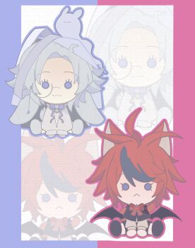 2boys :&lt; :3 ahoge alternate_costume animal_ears aotsuki_eito arms_between_legs bat_wings black_capelet black_hair black_shoes black_shorts black_wings blue_bow blue_bowtie blue_eyes bow bowtie capelet cat_boy cat_ears cat_tail chibi chibi_only chinese_commentary closed_mouth commentary_request frown grey_shirt grey_shoes highres kemonomimi_mode long_sleeves lop_rabbit_ears male_focus monocle multicolored_hair multiple_boys rabbit_boy rabbit_ears rabbit_tail red_bow red_bowtie red_hair round_eyewear semi-rimless_eyewear shirt shoes short_hair shorts sitting smile streaked_hair sumino_takumi tail the_hundred_line_-last_defense_academy- two-tone_hair white_shirt wings zheidaxuewoshifeishangbukema