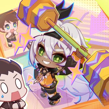 1girl dark-skinned_female dark_skin detached_sleeves exercising fur_trim genshin_impact green_eyes grey_hair grin headband highres iansan_(genshin_impact) long_hair long_sleeves low_twintails mask official_art shoes single_thighhigh skull_mask smile thighhighs twintails very_long_hair weightlifting white_hair