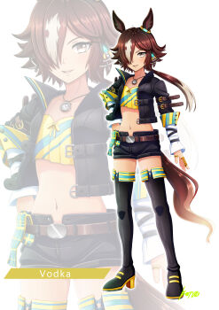 Rule 34 | 1girl, absurdres, animal ears, black boots, black jacket, black shorts, blush, boots, breasts, brown hair, character name, commentary request, crop top, full body, hair over one eye, highres, horse ears, horse girl, horse tail, jacket, konsu (konsu1182da), long hair, long sleeves, looking at viewer, midriff, multicolored hair, navel, parted lips, ponytail, shirt, shorts, simple background, small breasts, smile, stopwatch, stopwatch around neck, tail, thigh boots, umamusume, vodka (umamusume), vodka (wild top gear) (umamusume), watch, white background, white hair, yellow shirt, zoom layer