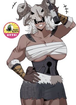 Rule 34 | +++, 1boy, 1girl, absurdres, blush, bottle, breasts, brown gloves, chest sarashi, clenched teeth, commentary request, covered eyes, elden ring, elden ring nightreign, facing viewer, genderswap, genderswap (mtf), gloves, grin, hand on own hip, helmet, highres, holding, holding bottle, horns, idzuki kenkyu-in, ironeye (elden ring), large breasts, pouch, raider (elden ring), sarashi, scar, scar on arm, shoulder tattoo, simple background, skull on head, smile, solo, tattoo, teeth, translation request, white background, wine bottle