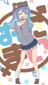 1girl ;d alternate_costume aqua_hair arms_behind_back artist_name bambi2000line bare_legs black_hat black_skirt blue_hair blush_stickers brown_shoes colored_inner_hair commentary copyright_name green_eyes grey_jacket hat hat_ornament hat_with_ears highres jacket loafers long_hair long_sleeves looking_at_viewer loose_socks male-female_symbol miniskirt multicolored_hair necktie one_eye_closed onii-chan_wa_oshimai! open_mouth pleated_skirt red_necktie shirt shoes simple_background skirt smile socks solo tenkawa_nayuta tiptoes two-tone_hair white_background white_shirt white_socks