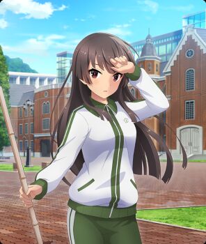 Rule 34 | 1girl, bamboo broom, black hair, blue sky, blunt ends, blush, breasts, brick road, broom, building, cloud, cowboy shot, day, dot nose, game cg, green pants, holding, holding broom, jacket, juujou hiyori, lamppost, long hair, long sleeves, looking at viewer, medium breasts, official art, outdoors, pants, parted lips, red eyes, sky, solo, third-party source, toji no miko, toji no miko: kizamishi issen no tomoshibi, track jacket, track suit, tree, white jacket