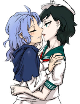 2girls ahoge anchor_symbol black_hair blue_hair blue_hood closed_eyes commentary_request dress face-to-face from_side green_eyes hat hood hood_down hug imminent_kiss kumoi_ichirin long_sleeves meimaru_inuchiyo multiple_girls murasa_minamitsu open_mouth pale_skin parted_lips sailor_hat shirt short_sleeves touhou upper_body white_dress white_hat white_shirt yuri