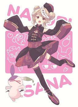 >_< 1girl :d absurdres black_dress black_thighhighs blonde_hair brown_hair chinese_clothes commentary_request detached_sleeves double_bun dress fang full_body hair_bun hands_up hat highres hino_(h1n0307) jiangshi_costume long_sleeves looking_at_viewer natori_sana natori_sana_(jiangshi) official_alternate_costume ofuda ofuda_on_head open_mouth outstretched_arms qingdai_guanmao red_eyes red_shoes saana-kun sana_channel shoes skin_fang sleeves_past_fingers sleeves_past_wrists smile solo spread_arms standing standing_on_one_leg stuffed_animal stuffed_rabbit stuffed_toy thighhighs virtual_youtuber