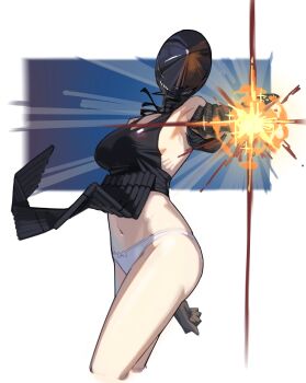 1girl absurdres apron black_apron black_gloves bomb_devil_(chainsaw_man) breasts chainsaw_man dynamite esnowg explosive gloves highres incoming_attack large_breasts navel object_head panties solo underwear white_panties