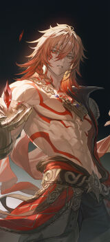 1boy abs absurdres arm_tattoo armlet blonde_hair braid chest_tattoo clawed_gauntlets earrings facial_tattoo gold_armlet gold_earrings gold_necklace gradient_hair hair_between_eyes highres honkai:_star_rail honkai_(series) jewelry looking_at_viewer male_focus medium_hair multicolored_hair mydei_(honkai:_star_rail) necklace no_nipples pectorals red_hair red_tattoo side_braid single_braid slit_pupils solo tattoo yellow_eyes zerg_(z79438659)