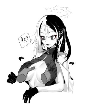 1girl ? absurdres blue_archive breasts china_dress chinese_clothes coat coat_on_shoulders cropped_torso disembodied_hand dress eyeliner grabbing_another's_breast greyscale groping hair_between_eyes halo hand_under_clothes highres kai_(blue_archive) large_breasts long_hair makeup monochrome multicolored_hair plentyofempty red_eyeliner simple_background sketch solo_focus spoken_question_mark spot_color upper_body