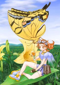 1girl antennae archived_source bad_link blue_shirt blue_shoes blue_skirt blue_sky blue_sleeves brown_bag brown_gloves bug butterfly crop_top cup drinking_straw fairy field fingerless_gloves flower flower_field full_body gloves goggles goggles_on_head grey-framed_eyewear hirai_yukio holding holding_cup horizon insect insect_wings leaf lily_(flower) medium_hair midriff miniskirt mountainous_horizon mouth_hold on_leaf orange_eyes orange_hair original outdoors pelvic_curtain pleated_skirt puffy_short_sleeves puffy_sleeves shirt shoes short_sleeves sitting skirt sky solo thighhighs transparent_wings upturned_eyes waist_bag wavy_hair white_thighhighs wings yellow_butterfly yellow_flower yellow_lily