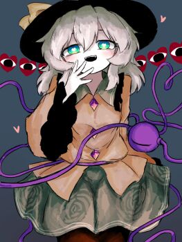 1girl :d black_hat blue_background blue_eyes blush bow brown_pantyhose buttons cowboy_shot diamond_button dot_nose floral_print frilled_shirt_collar frilled_sleeves frills green_eyes green_hair green_skirt hand_up hat hat_bow heart heart_of_string heripantomorrow komeiji_koishi multicolored_eyes open_mouth pantyhose rose_print shirt skirt smile solo third_eye touhou yellow_bow yellow_shirt