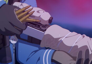 1girl artist_request black_gloves blue_archive blue_shirt bolt_action game_cg gloves gun highres holding holding_gun holding_weapon miyu_(blue_archive) mosin-nagant non-web_source official_art reloading rifle shirt sniper_rifle solo weapon