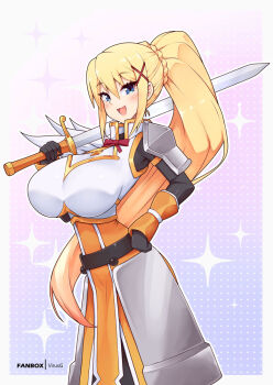 1girl :d armor armored_dress black_gloves blonde_hair blue_eyes blush boobplate breastplate breasts darkness_(konosuba) dress feet_out_of_frame gloves hair_ornament hand_on_own_hip holding holding_sword holding_weapon kono_subarashii_sekai_ni_shukufuku_wo! large_breasts long_hair looking_at_viewer open_mouth over_shoulder ponytail shoulder_armor sidelocks smile solo sword sword_over_shoulder very_long_hair virus-g weapon weapon_over_shoulder x_hair_ornament