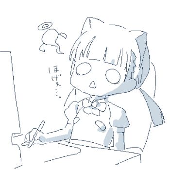 1girl animal_ear_hairband animal_ears artist_self-insert blunt_bangs bow bowtie cat_ear_hairband cat_ears chair fake_animal_ears flat_chest giving_up_the_ghost hairband holding holding_stylus jaggy_lines lokulo-chan_(lokulo_no_mawashimono) lokulo_no_mawashimono loli long_hair low_twintails lowres monochrome o_o on_chair open_mouth original pasties pinky_out puffy_short_sleeves puffy_sleeves short_sleeves shrug_(clothing) simple_background sitting solo stylus translation_request triangle_mouth twintails upper_body
