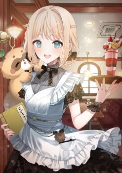 1girl :d absurdres animal animal_on_shoulder apron aqua_eyes black_bow black_bowtie black_skirt blonde_hair bow bowtie braid braided_hair_rings cafe commentary_request food frilled_apron frills grey_shirt hair_flaps hair_rings hand_up highres holding hololive indoors kazama_iroha kazama_iroha_(maid) looking_at_viewer mamdtsubu official_alternate_costume official_alternate_hairstyle open_mouth parfait pokobee see-through_clothes see-through_sleeves shirt short_hair short_sleeves skirt smile solo teeth upper_teeth_only virtual_youtuber white_apron wrist_cuffs