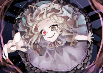 1girl absurdres blonde_hair bow breasts dark_persona dress dress_ribbon english_text evil_smile falling_petals frills hair_bow hat heterochromia highres long_dress maribel_hearn mob_cap muraryo petals purple_dress reaching reaching_towards_viewer red_bow red_eyes red_ribbon ribbon smile solo tears tears_from_one_eye touhou transformation white_hat yakumo_yukari yellow_eyes