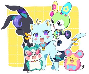 :3 animal_focus bell blue_collar carron_(pretty_series) carron_(rabbit)_(pretty_series) cat chimumu chimumu_(hamster) closed_eyes closed_mouth collar commentary_request dolldolldd full_body hamster highres in-franchise_crossover jingle_bell kiracchu_(pri_chan) kiratto_pri_chan korean_commentary looking_at_another looking_at_viewer melpan_(pri_chan) mouse_(animal) myamu myamu_(cat) open_mouth panda pink-tinted_eyewear pretty_series rabbily_(kiratto_pri_chan) rabbit red_collar smile standing star_(symbol) sunglasses sweatdrop tinted_eyewear waccha_primagi! white-framed_eyewear