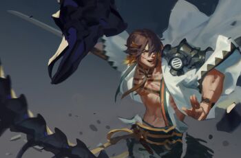 1boy armor brown_hair debris grey_background holding holding_sword holding_weapon japanese_clothes looking_at_viewer male_focus nagasone_kotetsu ncww_rinichi open_clothes open_mouth orange_eyes outstretched_arm ribbon shoulder_armor solo sword toned toned_male touken_ranbu weapon