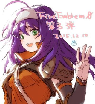 1girl ahoge commentary_request dated fire_emblem fire_emblem:_path_of_radiance fire_emblem_cipher green_eyes hairband long_hair mayo_(becky2006) mia_(fire_emblem) nintendo open_mouth purple_hair solo translation_request upper_body