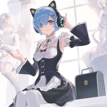 1girl adjusting_headphones angel_statue animal_ear_headphones animal_ears armpits black_dress black_ribbon black_sleeves blue_eyes blue_hair breasts case cat_ear_headphones cat_ears cropped detached_collar detached_sleeves dress fake_animal_ears feet_out_of_frame frilled_dress frills hair_ornament hair_over_one_eye hands_up headphones highres looking_at_viewer maid marble_(stone) medium_breasts neck_ribbon pantyhose re:zero_kara_hajimeru_isekai_seikatsu rem_(re:zero) ribbon roswaal_mansion_maid_uniform ru_(famia) short_hair sitting smile solo white_pantyhose wide_sleeves window x_hair_ornament