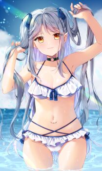 1girl absurdres bikini black_choker blue_hair blue_ribbon blush breasts choker cloud colored_inner_hair commentary_request frilled_bikini frills grey_hair hair_ribbon highres large_breasts long_hair multicolored_hair navel original partially_submerged pointy_ears ribbon sky solo stomach swimsuit tattoo tojo_(natumi1412) two_side_up very_long_hair water white_bikini yellow_eyes