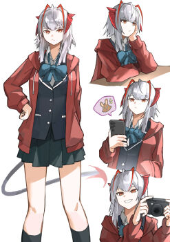 1girl :d absurdres arknights black_socks black_vest blue_bow blue_bowtie bow bowtie buttons camera cellphone closed_mouth commentary_request drawstring grey_hair grin hand_on_own_hip highres holding holding_camera holding_phone hood hood_down hooded_jacket jacket kneehighs long_sleeves medium_hair multicolored_hair multiple_views open_clothes open_jacket open_mouth orange_eyes phone red_hair red_jacket school_uniform simple_background smartphone smile socks streaked_hair vest w_(arknights) white_background wis'adel_(arknights) yagi000