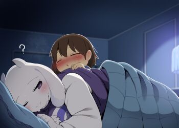 1boy 1girl ? blush brown_hair commentary dagasi frisk_(undertale) furry highres one_eye_closed toriel under_covers undertale utdr_(toby_fox) variant_set