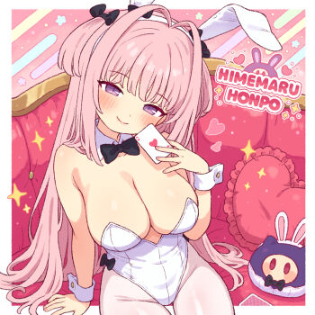 1girl animal_ears bow breasts card cleavage detached_collar heart holding holding_card large_breasts leotard long_hair onyhakase original pantyhose pink_hair playboy_bunny purple_eyes rabbit_ears sitting smile solo strapless strapless_leotard white_leotard white_pantyhose wrist_cuffs