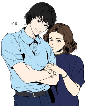 Rule 34 | 1boy, 1girl, animification, belt, black belt, black eyes, black hair, blue pants, blue shirt, bracelet, brown eyes, brown hair, commentary, crossed arms, eleven (stranger things), head tilt, jewelry, medium hair, mike wheeler, pants, polo shirt, pzz pls, shirt, stranger things