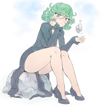 1girl black_dress breasts clothing_cutout curly_hair dress green_eyes green_hair groin hands_on_own_hips highres hip_vent long_sleeves looking_at_viewer mogudan one-punch_man open_mouth rock short_hair simple_background sitting small_breasts tatsumaki telekinesis thick_thighs thighs white_background wide_hips