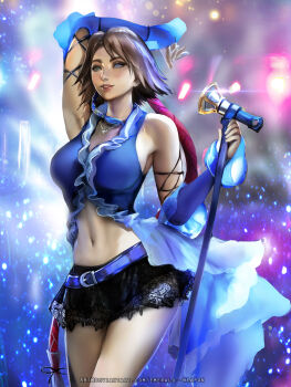 1girl artist_name belt black_skirt blue_eyes blue_shirt breasts brown_hair cowboy_shot crop_top detached_sleeves deviantart_username emerald-weapon female_focus final_fantasy final_fantasy_x final_fantasy_x-2 green_eyes heterochromia highres holding holding_microphone jewelry long_hair medium_breasts microphone microphone_stand midriff miniskirt navel necklace official_alternate_costume parted_lips ponytail shirt showgirl_skirt skirt smile solo sparkle square_enix standing very_long_hair watermark web_address yuna_(ff10)