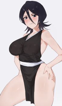 1girl absurdres alternate_breast_size_(larger) bare_shoulders black_hair bleach breasts collarbone female_focus hands_on_own_hips highres japanese_clothes kataku_musou kuchiki_rukia large_breasts light_blush looking_at_viewer medium_hair parted_lips shihakusho shiny_skin simple_background solo solo_focus standing thighs