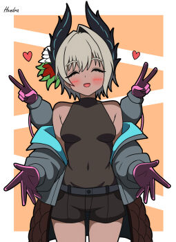 1girl :d absurdres arknights artist_name bare_shoulders bird_girl black_shirt black_shorts blush breasts closed_eyes commentary covered_navel cowboy_shot double_v extra_arms facing_viewer gloves grey_hair grey_jacket head_wings heart hendra highres jacket long_sleeves medium_breasts open_mouth pink_gloves puffy_long_sleeves puffy_sleeves raidian_(arknights) shirt short_shorts shorts sleeveless sleeveless_shirt smile solo v wings