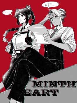 ... 2girls alternate_costume annoyed baldur&#039;s_gate baldur&#039;s_gate_3 braid character_name chest_harness contemporary crossed_legs dungeons_&amp;_dragons dungeons_&amp;_dragons elf feet_out_of_frame frown greyscale_with_colored_background hair_bun hand_on_own_face hand_on_own_head hand_on_own_hip harness highres holding holding_paper long_hair minthara multiple_girls necktie one_eye_closed pants paper pointy_ears powshroom red_background shadowheart_(baldur&#039;s_gate) short_hair single_braid single_hair_bun sitting spoken_ellipsis vest